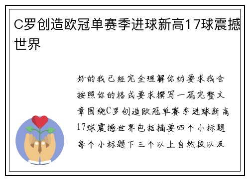 C罗创造欧冠单赛季进球新高17球震撼世界